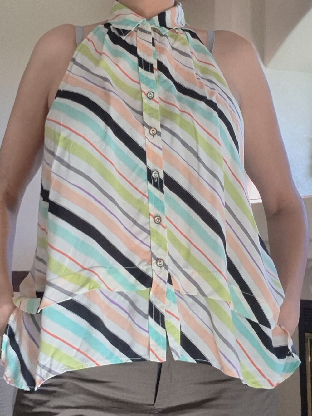 Anthropology Mauve Halter With Collar, Button Up Multi Color Stripe Blouse Sz 6